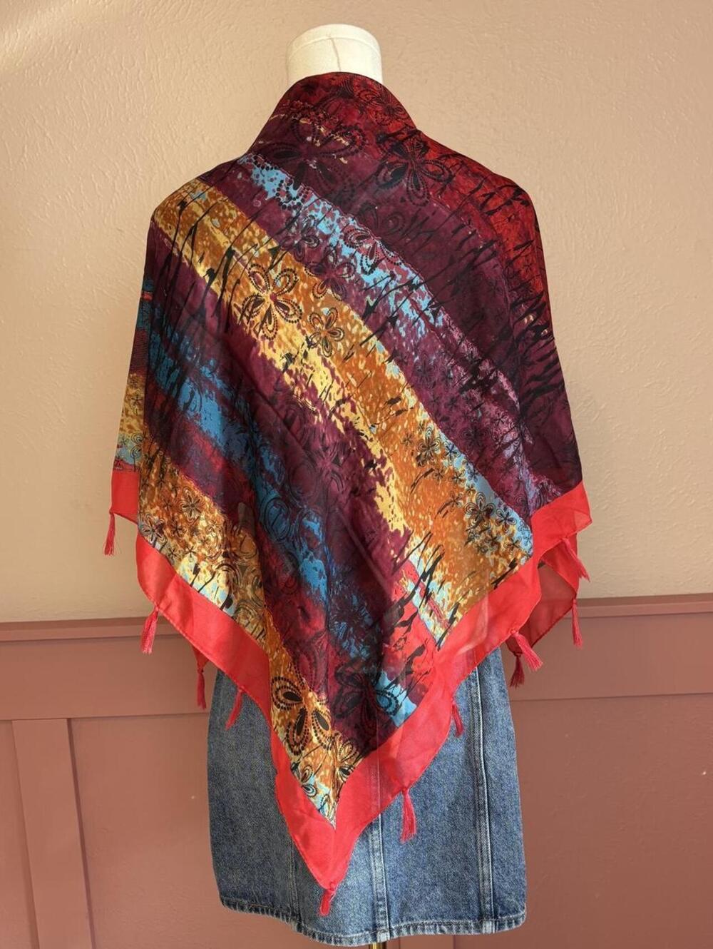 eripek turkish red vintage shawl wrap red purple fringe tassels striped
